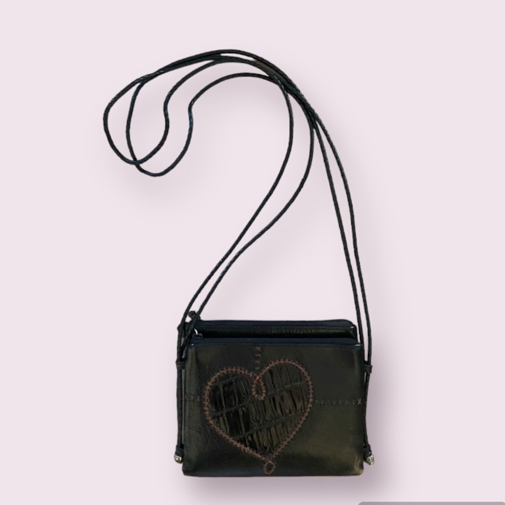 Vintage Brighton Black Leather Travel Crossbody Organizer Bag w/ Stitched Heart